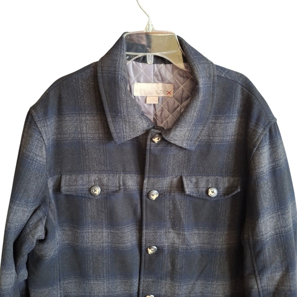 UTEX Jacket Men's Large Wool Blend Shadow Plaid Shacket Quilted Lined Black Gray
